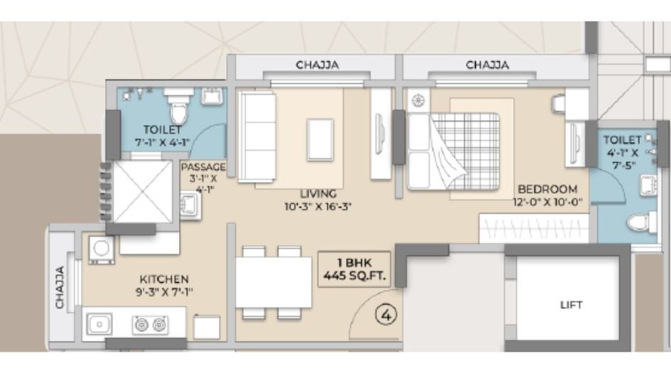 Hum-Emerald-Heights-Floor-Plan-1 BHK-445 Sqft